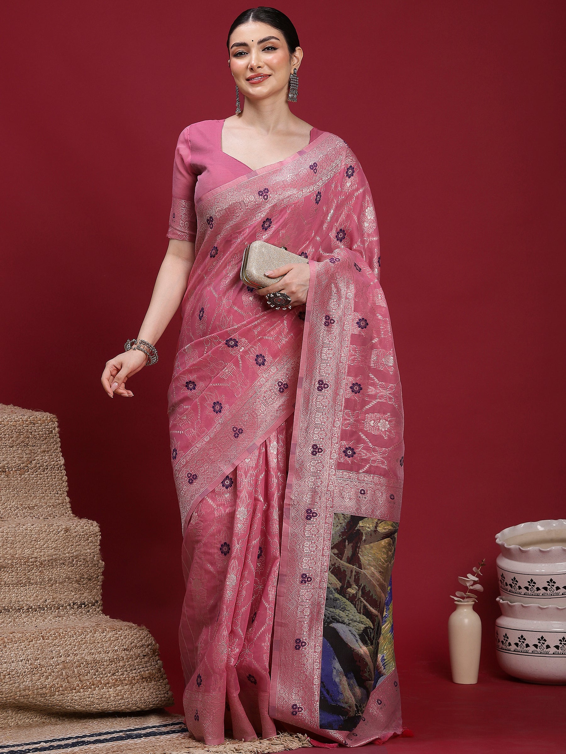 VANAYA Rosy Twilight Floral Weave Saree