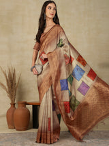 RANG TARANG-Rustic Beige Linen Saree with Antique Copper Border & Ethnic Patchwork Design