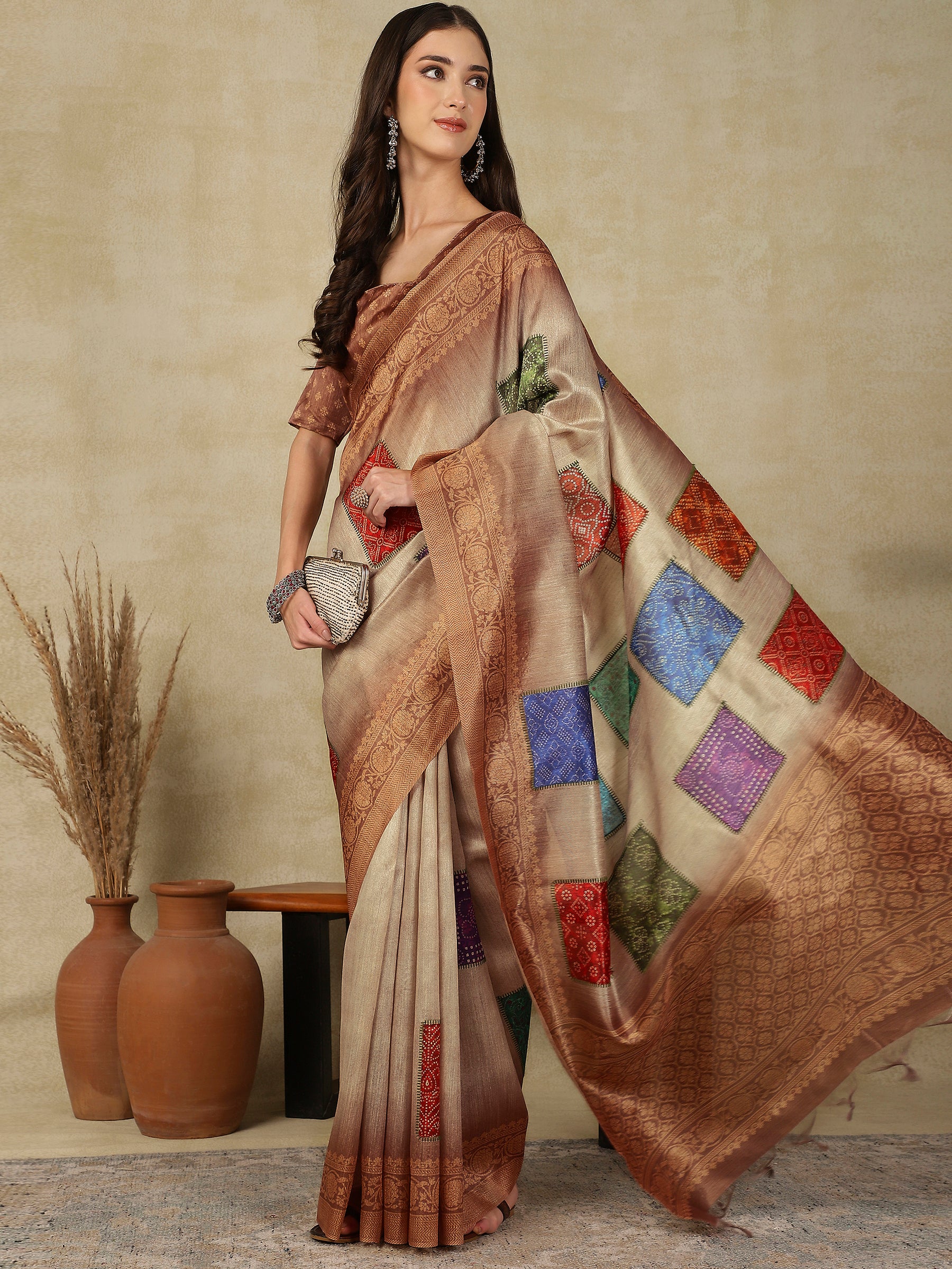 RANG TARANG-Rustic Beige Linen Saree with Antique Copper Border & Ethnic Patchwork Design