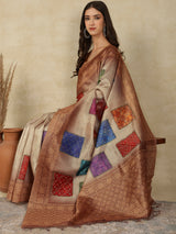 RANG TARANG-Rustic Beige Linen Saree with Antique Copper Border & Ethnic Patchwork Design