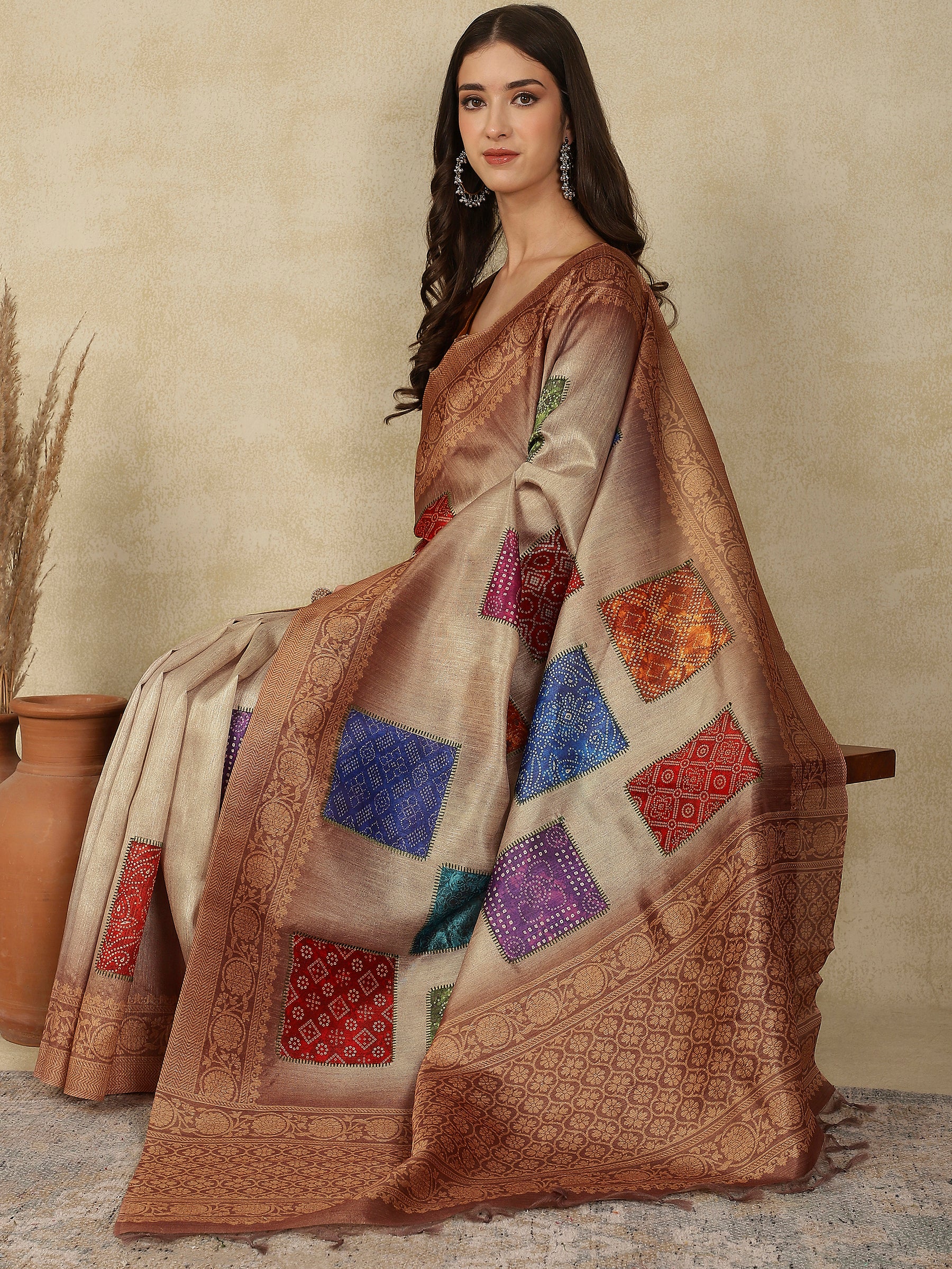 RANG TARANG-Rustic Beige Linen Saree with Antique Copper Border & Ethnic Patchwork Design