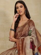 RANG TARANG-Rustic Beige Linen Saree with Antique Copper Border & Ethnic Patchwork Design