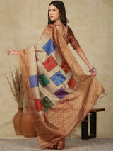 RANG TARANG-Rustic Beige Linen Saree with Antique Copper Border & Ethnic Patchwork Design