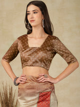 RANG TARANG-Rustic Beige Linen Saree with Antique Copper Border & Ethnic Patchwork Design