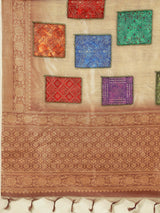 RANG TARANG-Rustic Beige Linen Saree with Antique Copper Border & Ethnic Patchwork Design