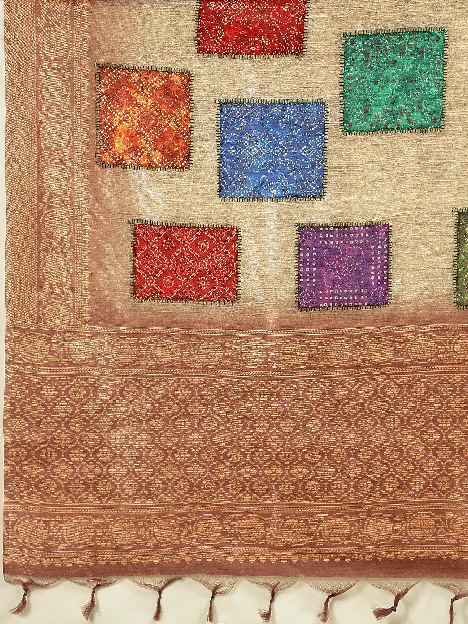 RANG TARANG-Rustic Beige Linen Saree with Antique Copper Border & Ethnic Patchwork Design