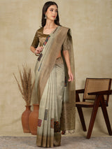 RANG TARANG-Graceful Sage Green Linen Saree with Antique Zari Border & Patchwork Design