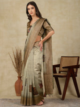 RANG TARANG-Graceful Sage Green Linen Saree with Antique Zari Border & Patchwork Design