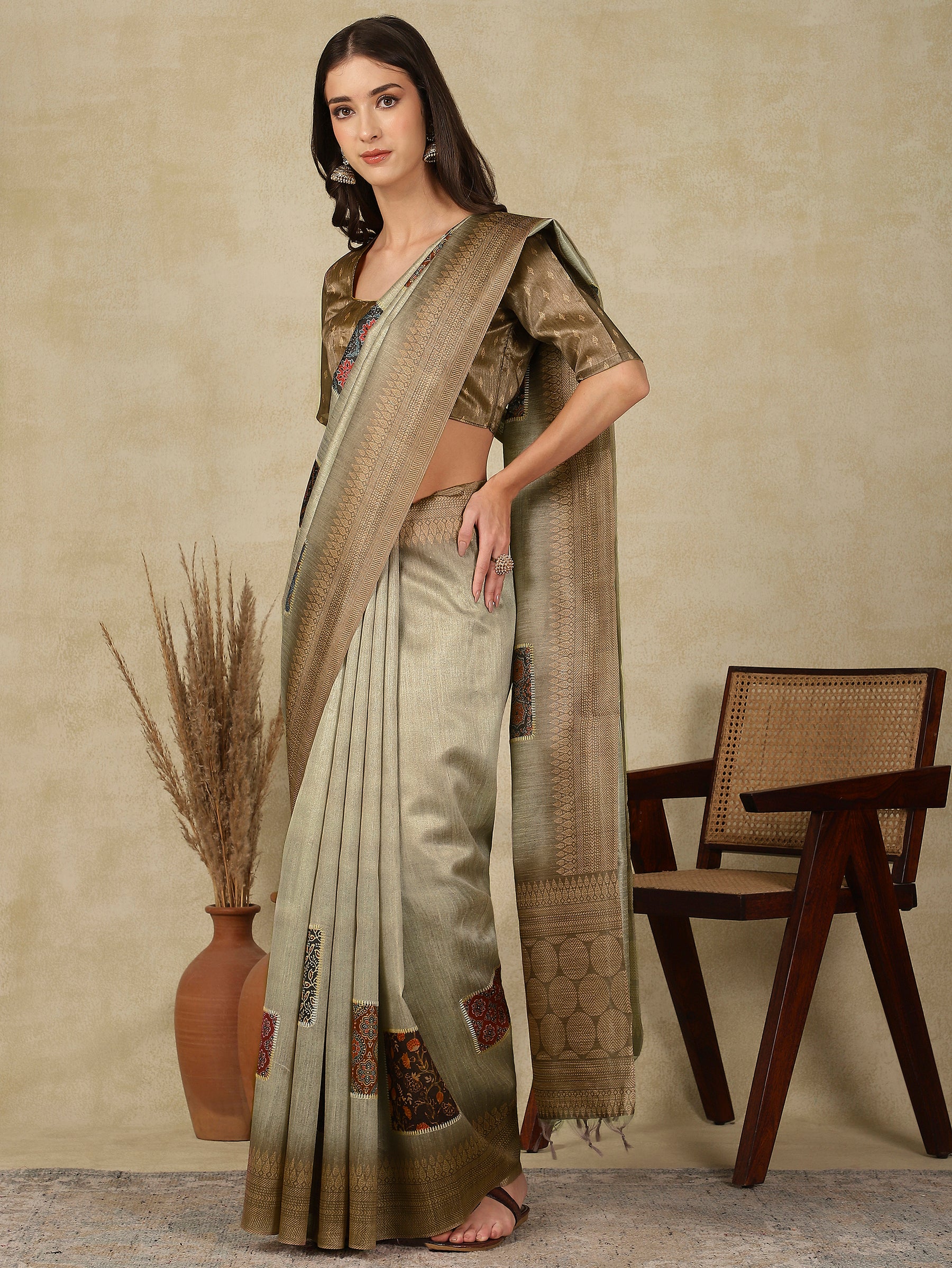 RANG TARANG-Graceful Sage Green Linen Saree with Antique Zari Border & Patchwork Design