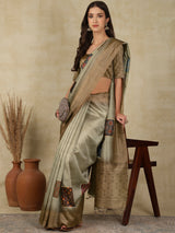 RANG TARANG-Graceful Sage Green Linen Saree with Antique Zari Border & Patchwork Design
