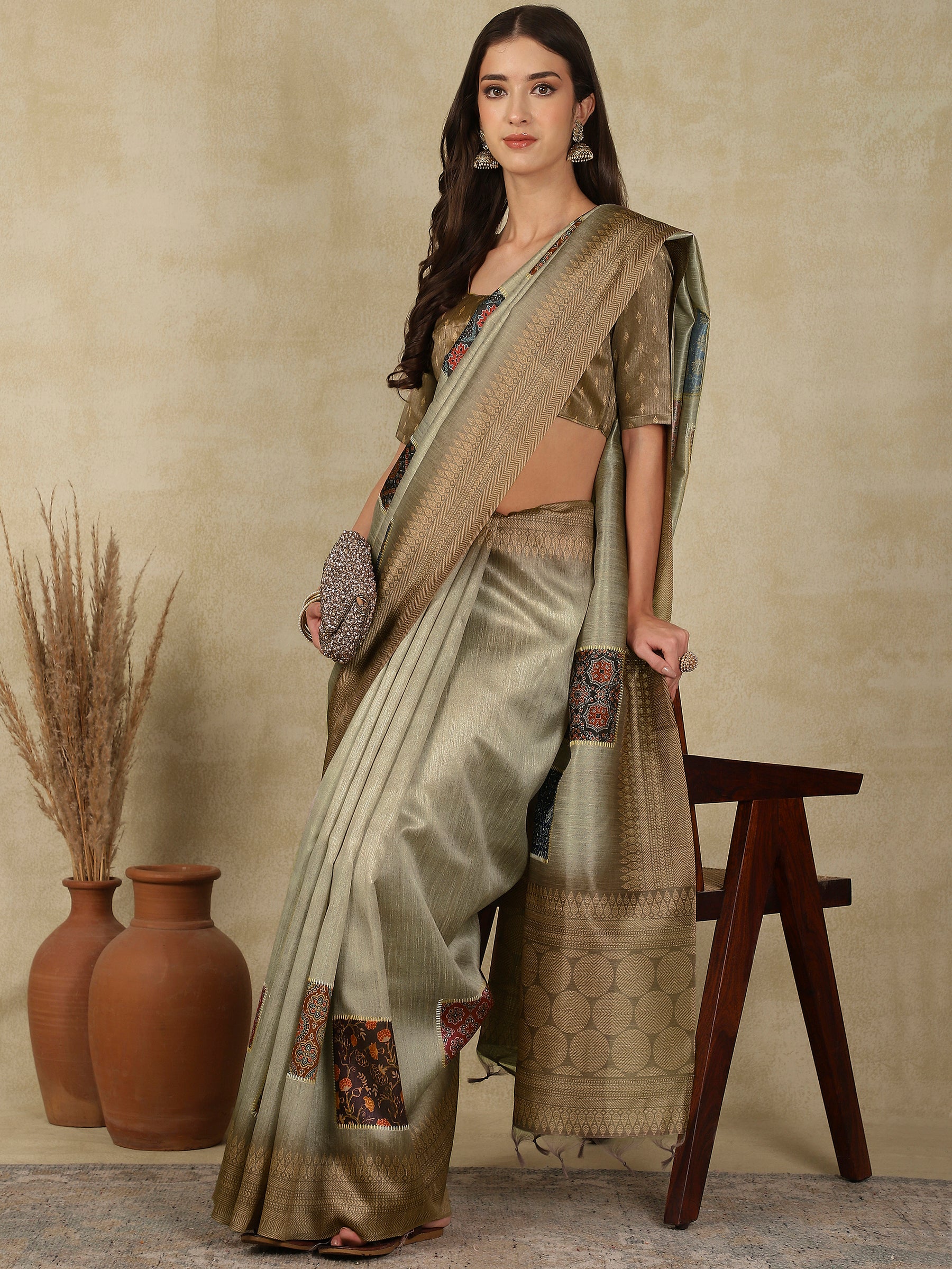 RANG TARANG-Graceful Sage Green Linen Saree with Antique Zari Border & Patchwork Design