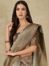 RANG TARANG-Graceful Sage Green Linen Saree with Antique Zari Border & Patchwork Design