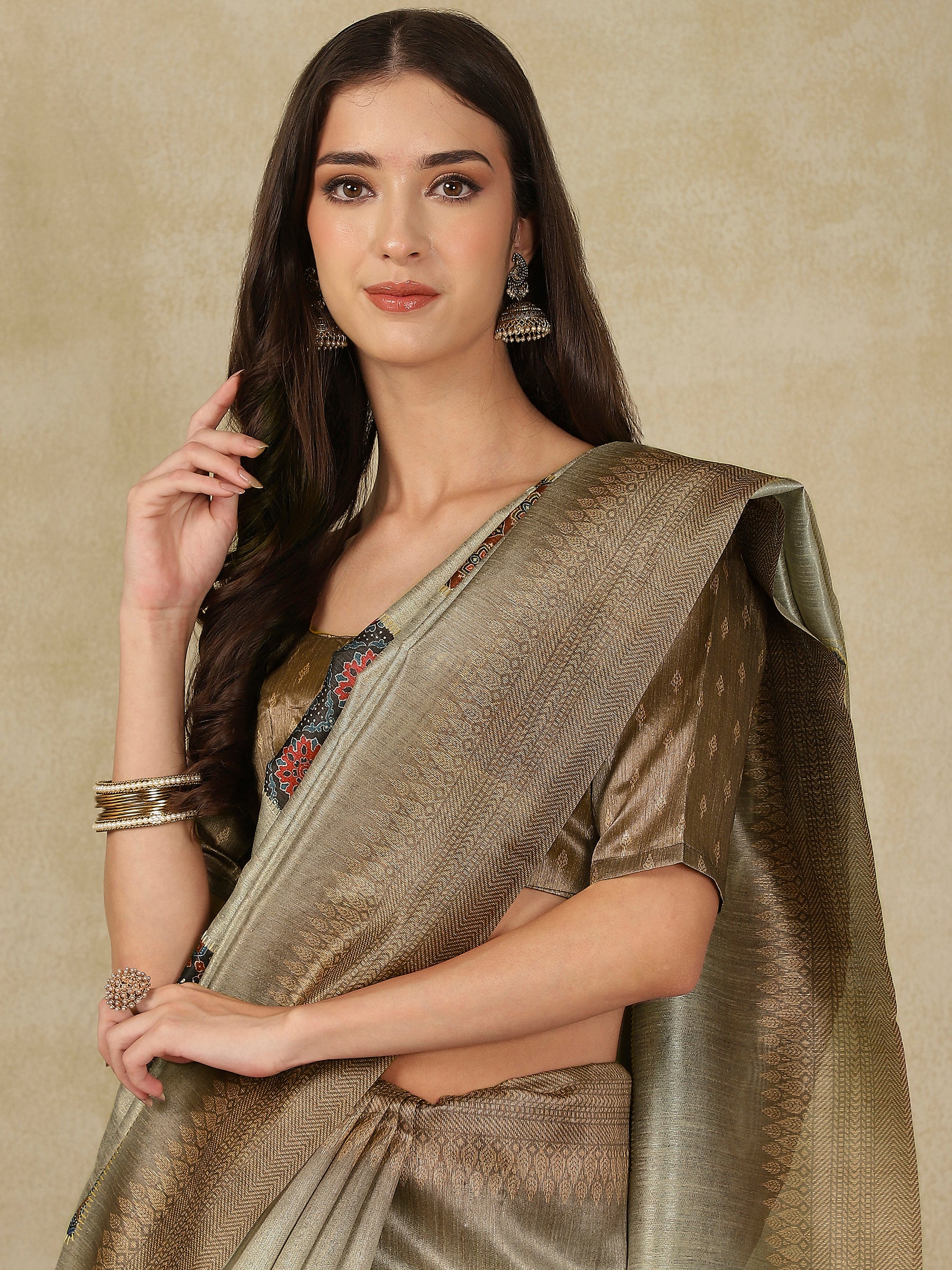 RANG TARANG-Graceful Sage Green Linen Saree with Antique Zari Border & Patchwork Design