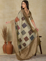 RANG TARANG-Graceful Sage Green Linen Saree with Antique Zari Border & Patchwork Design