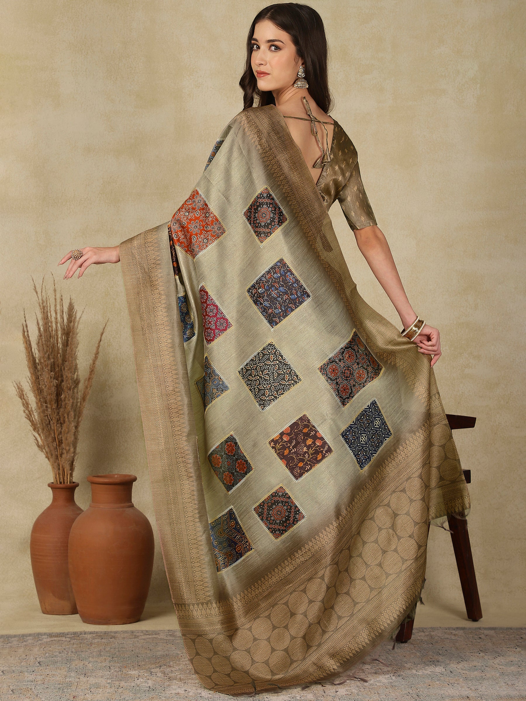 RANG TARANG-Graceful Sage Green Linen Saree with Antique Zari Border & Patchwork Design