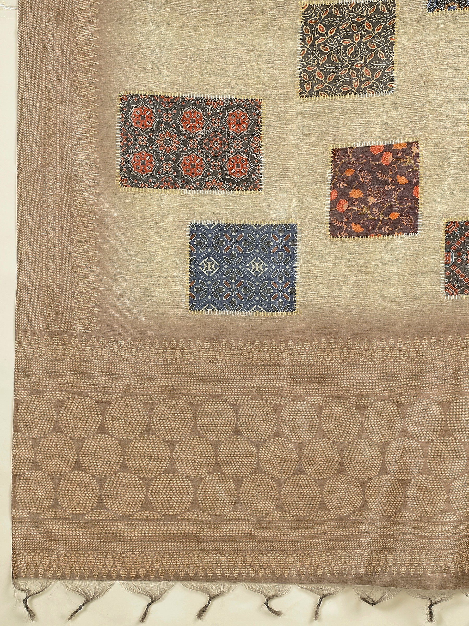 RANG TARANG-Graceful Sage Green Linen Saree with Antique Zari Border & Patchwork Design