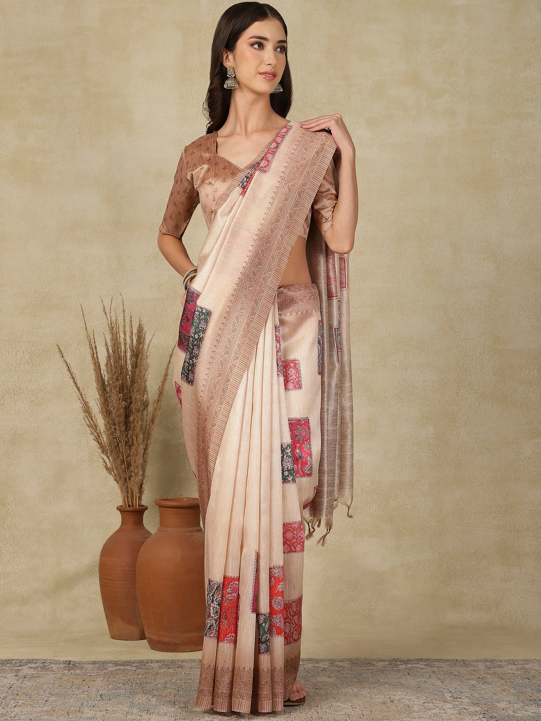 RANG TARANG-Elegant Blush Pink Linen Saree with Floral Patchwork & Woven Border Design