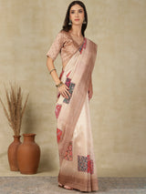 RANG TARANG-Elegant Blush Pink Linen Saree with Floral Patchwork & Woven Border Design