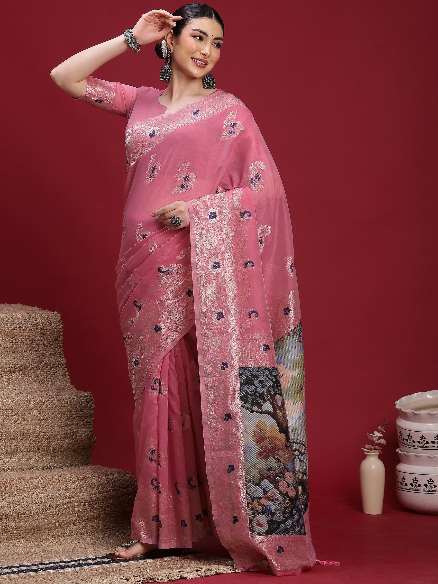 VANAYA-Blush Pink Regal Floral Weave Saree