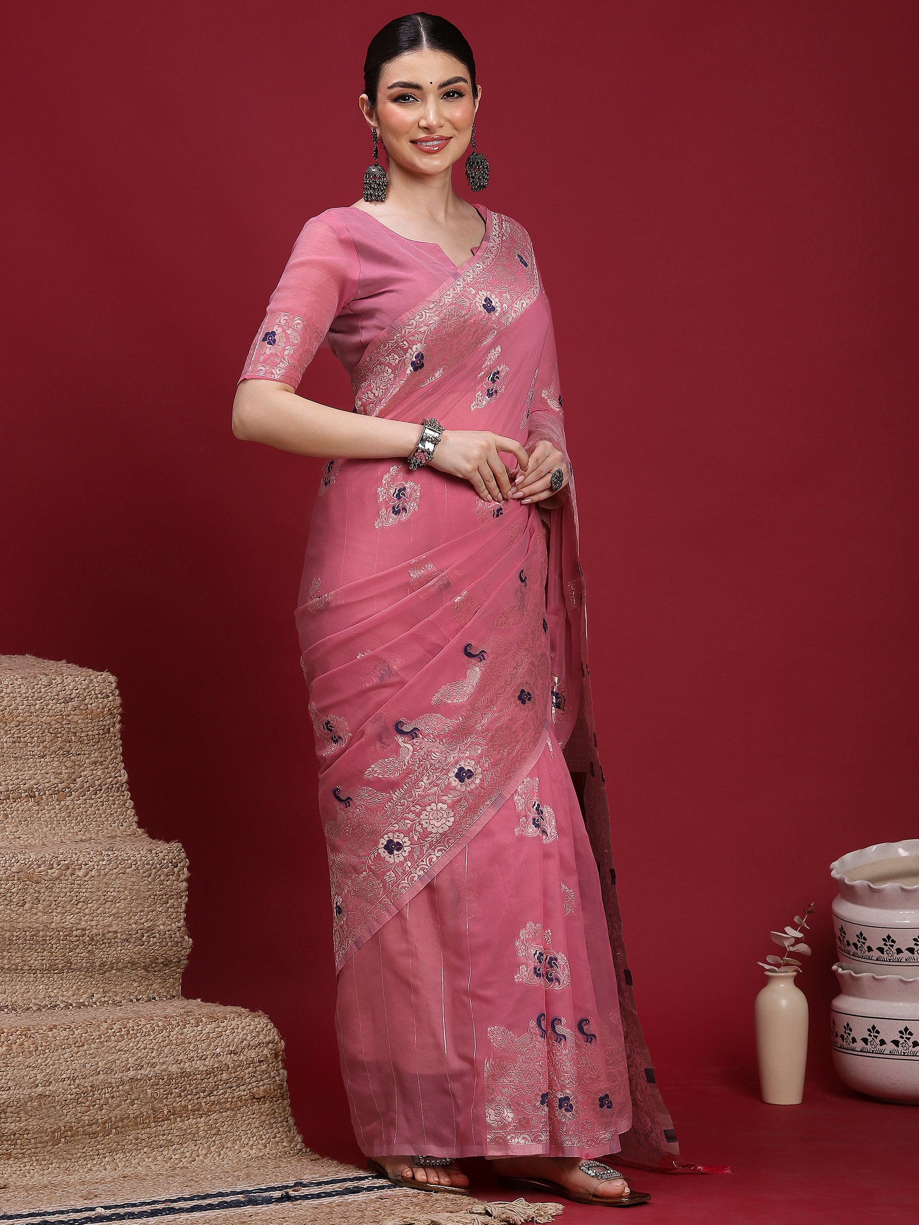 VANAYA-Blush Pink Regal Floral Weave Saree