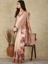 RANG TARANG-Elegant Blush Pink Linen Saree with Floral Patchwork & Woven Border Design