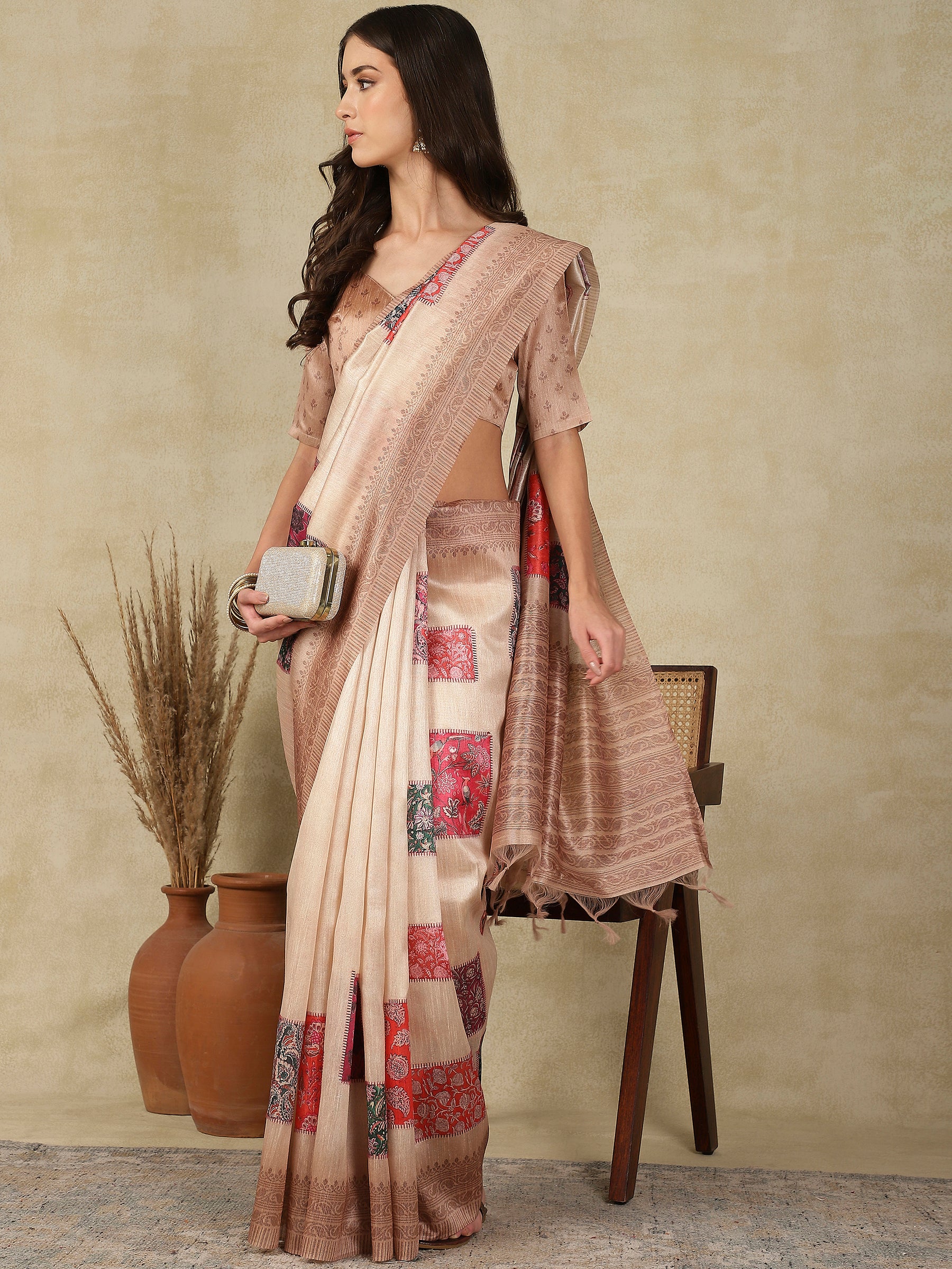 RANG TARANG-Elegant Blush Pink Linen Saree with Floral Patchwork & Woven Border Design