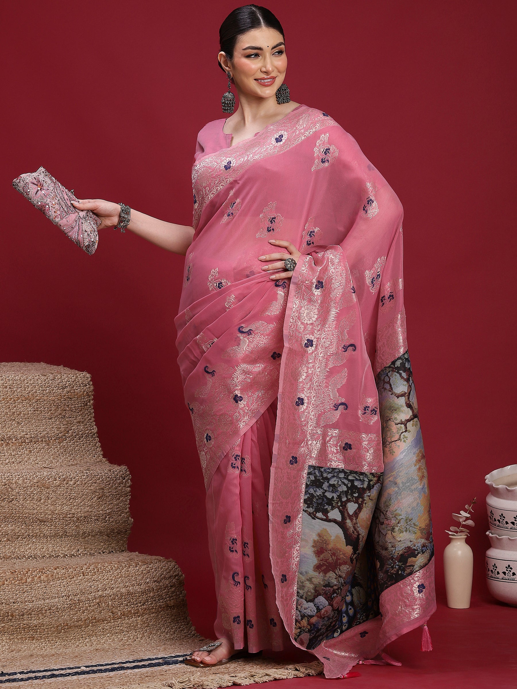 VANAYA-Blush Pink Regal Floral Weave Saree