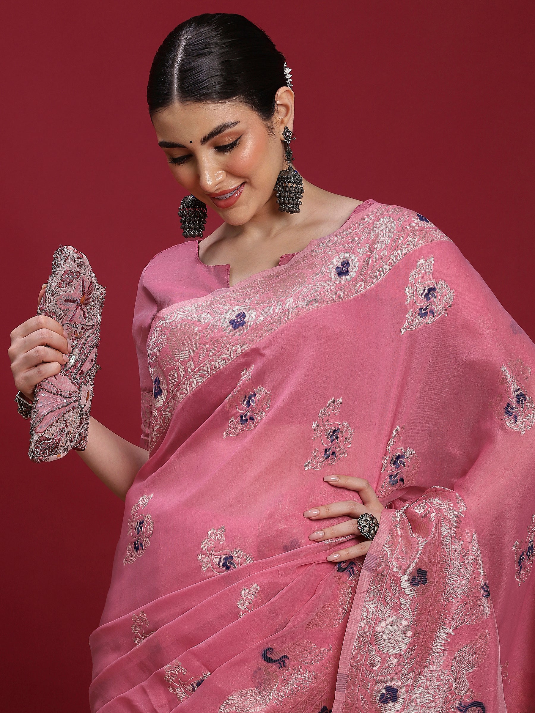 VANAYA-Blush Pink Regal Floral Weave Saree
