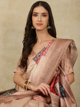 RANG TARANG-Elegant Blush Pink Linen Saree with Floral Patchwork & Woven Border Design