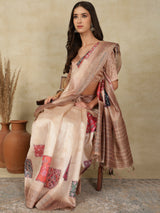 RANG TARANG-Elegant Blush Pink Linen Saree with Floral Patchwork & Woven Border Design