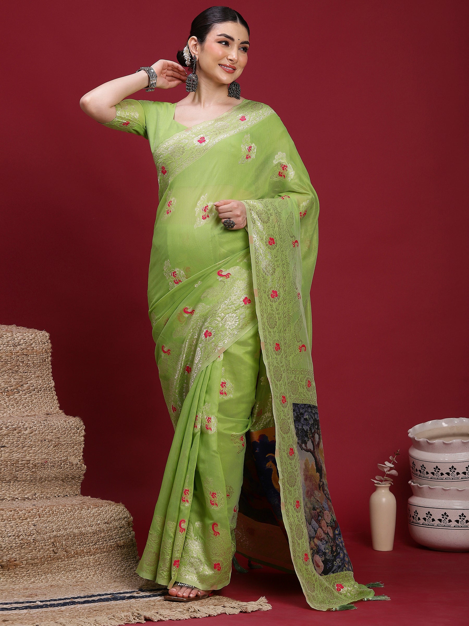 VANAYA Pistachio Bloom Woven Elegance Saree