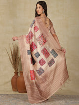 RANG TARANG-Elegant Blush Pink Linen Saree with Floral Patchwork & Woven Border Design