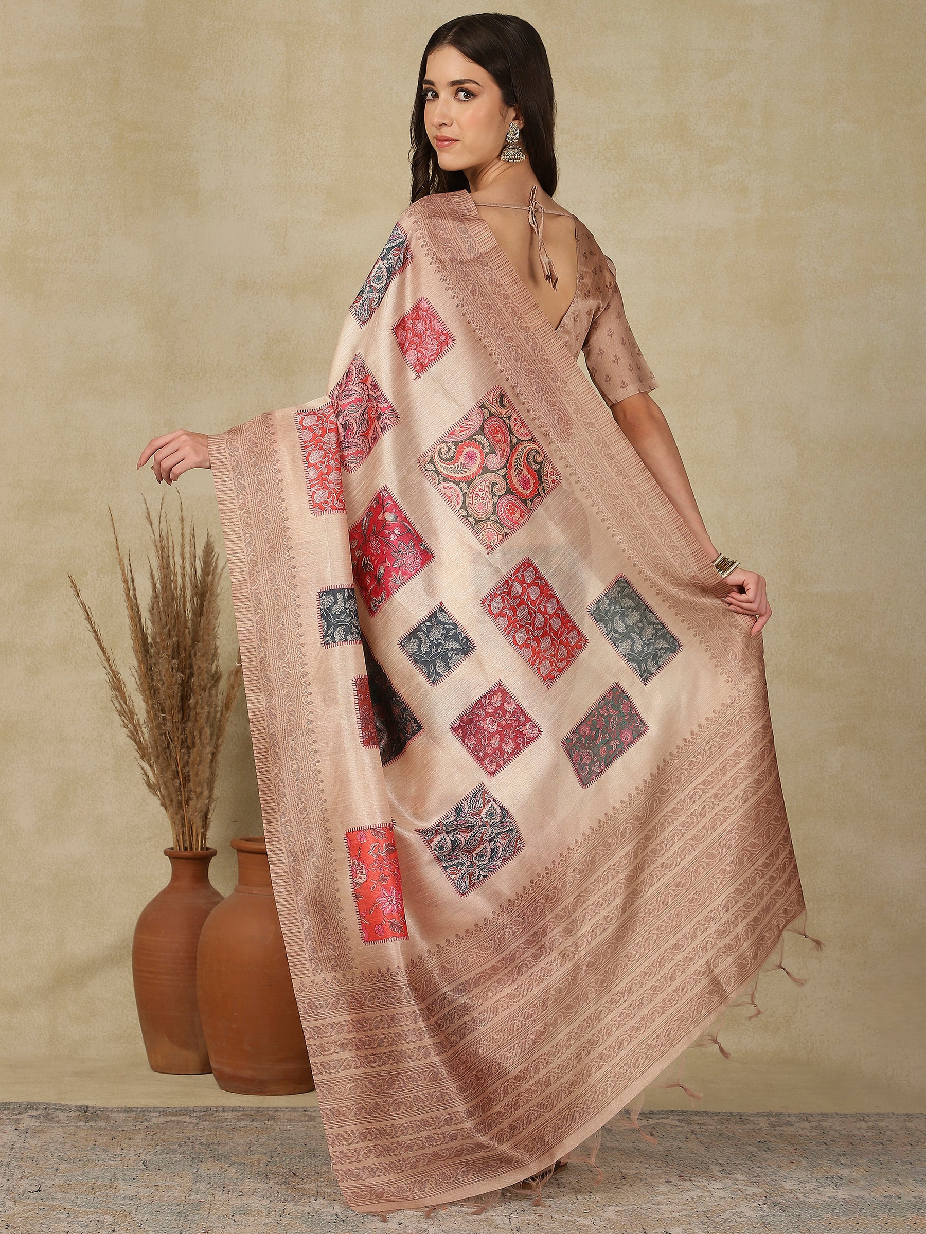 RANG TARANG-Elegant Blush Pink Linen Saree with Floral Patchwork & Woven Border Design