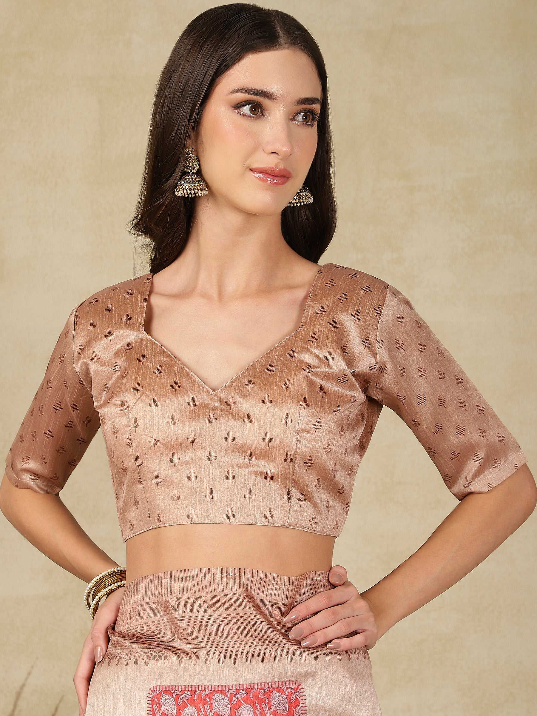 RANG TARANG-Elegant Blush Pink Linen Saree with Floral Patchwork & Woven Border Design