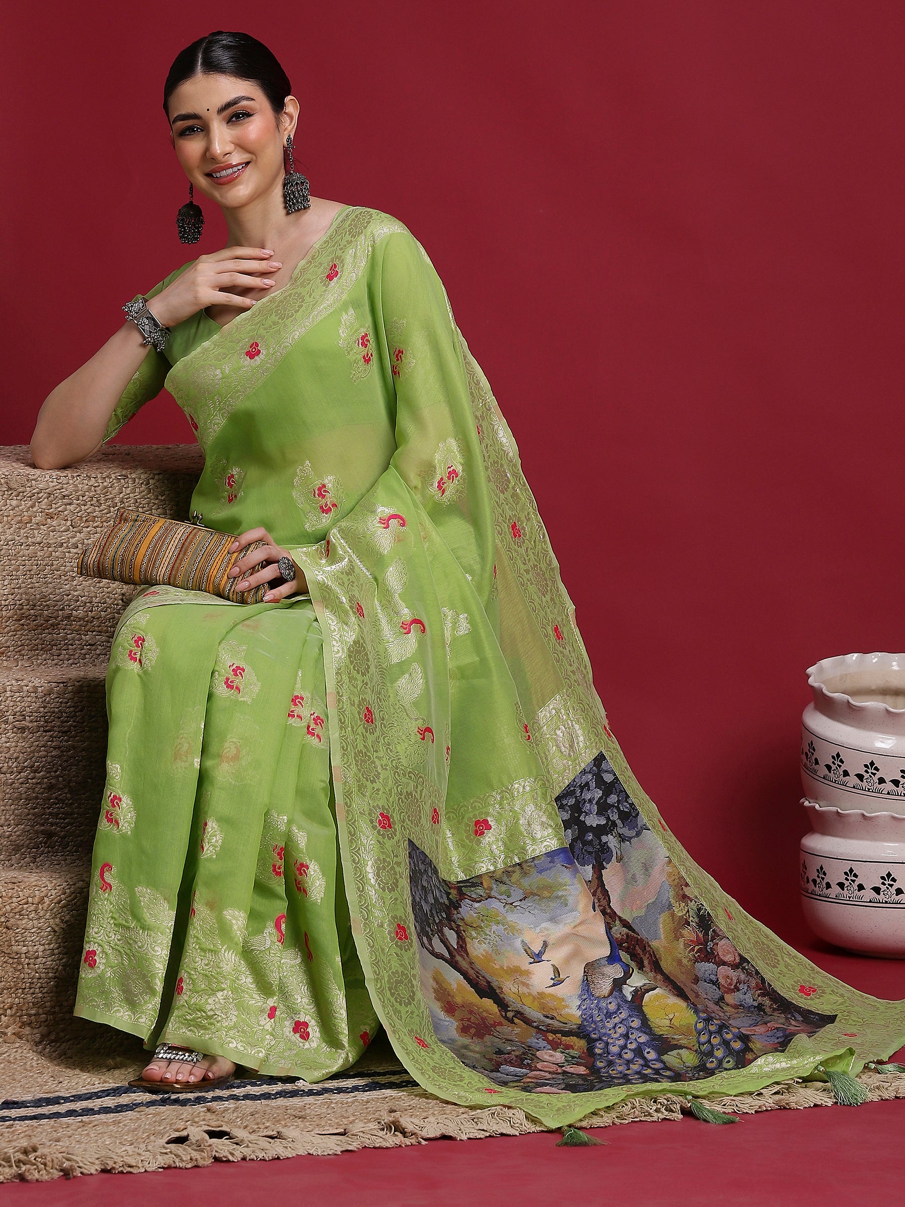 VANAYA Pistachio Bloom Woven Elegance Saree