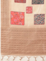 RANG TARANG-Elegant Blush Pink Linen Saree with Floral Patchwork & Woven Border Design