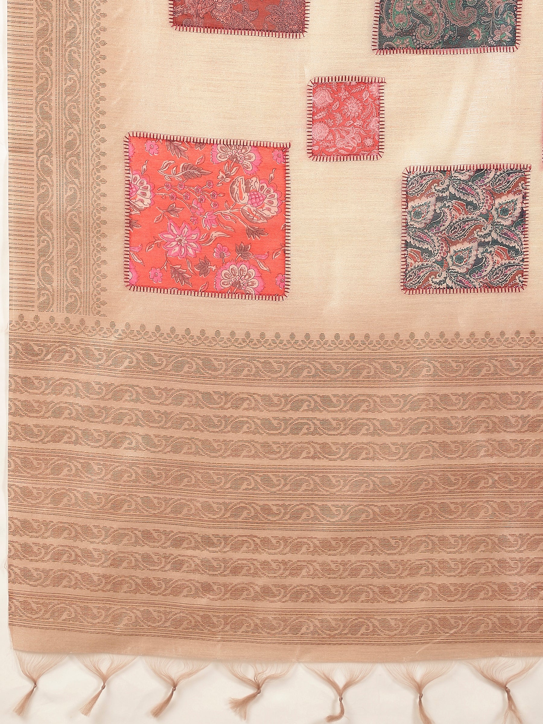 RANG TARANG-Elegant Blush Pink Linen Saree with Floral Patchwork & Woven Border Design