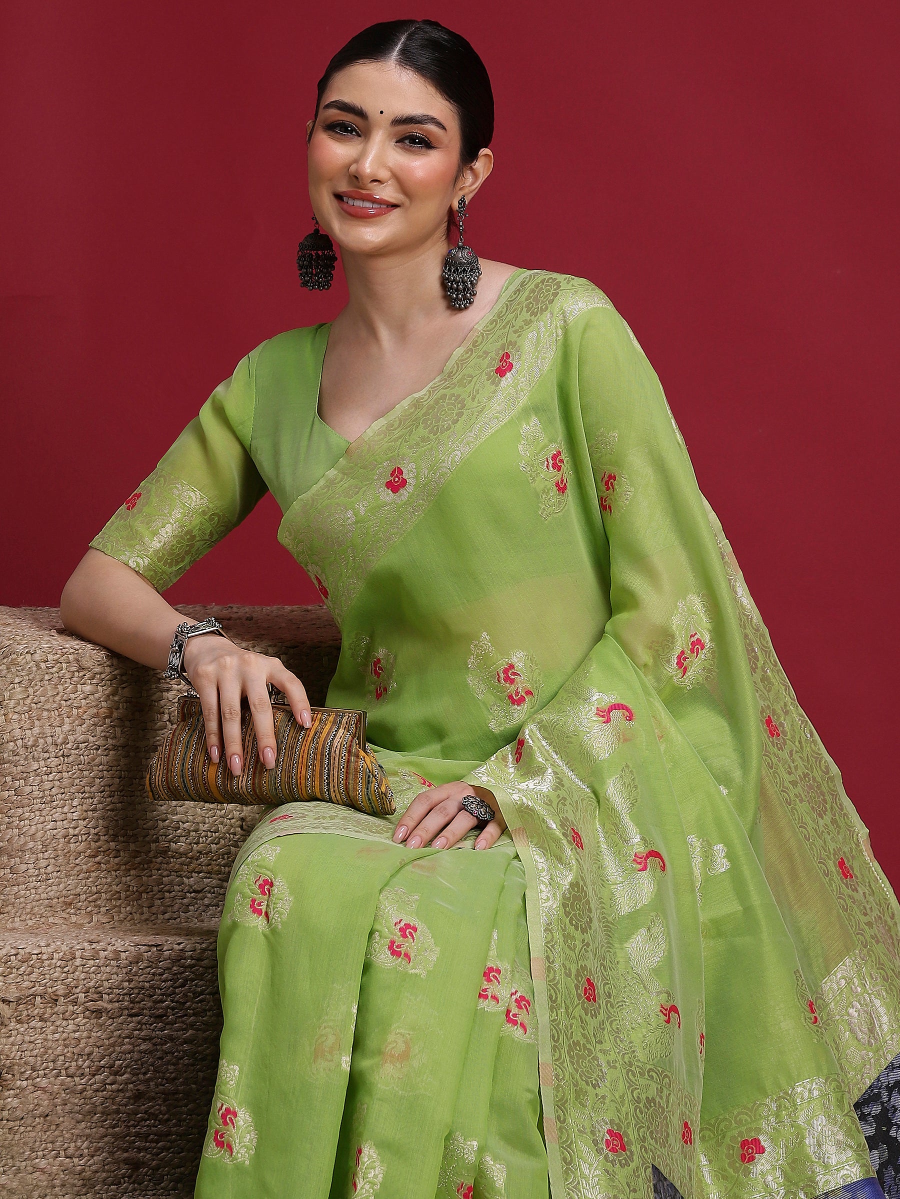 VANAYA Pistachio Bloom Woven Elegance Saree