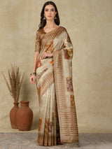 RANG TARANG-Elegant Beige Linen Saree with Artistic Patchwork Woven Design