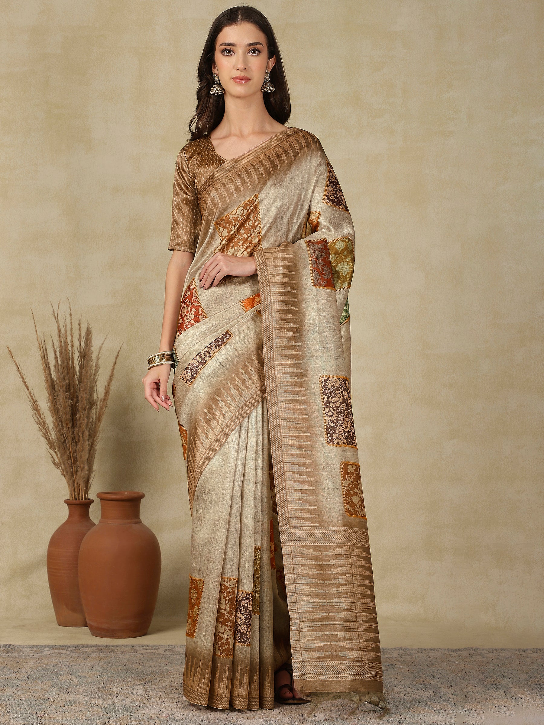 RANG TARANG-Elegant Beige Linen Saree with Artistic Patchwork Woven Design