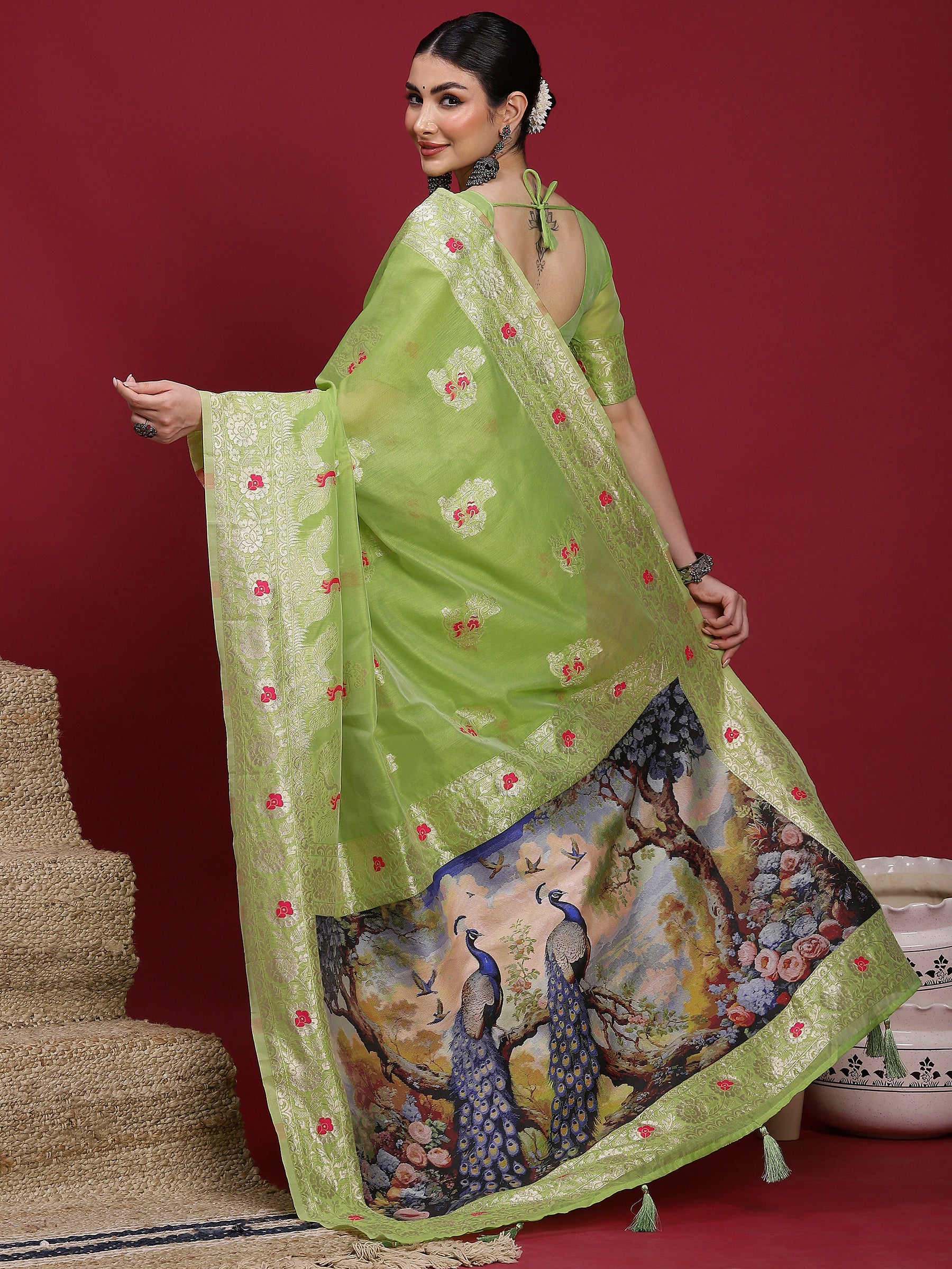 VANAYA Pistachio Bloom Woven Elegance Saree
