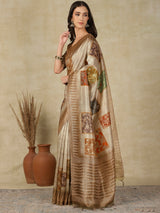 RANG TARANG-Elegant Beige Linen Saree with Artistic Patchwork Woven Design