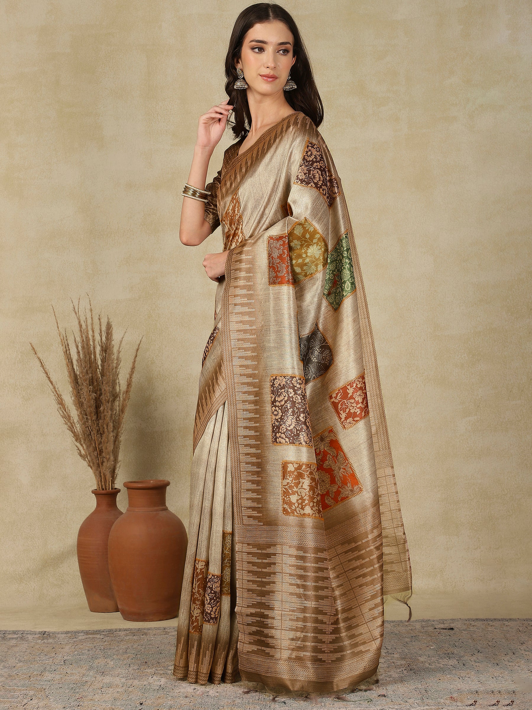 RANG TARANG-Elegant Beige Linen Saree with Artistic Patchwork Woven Design