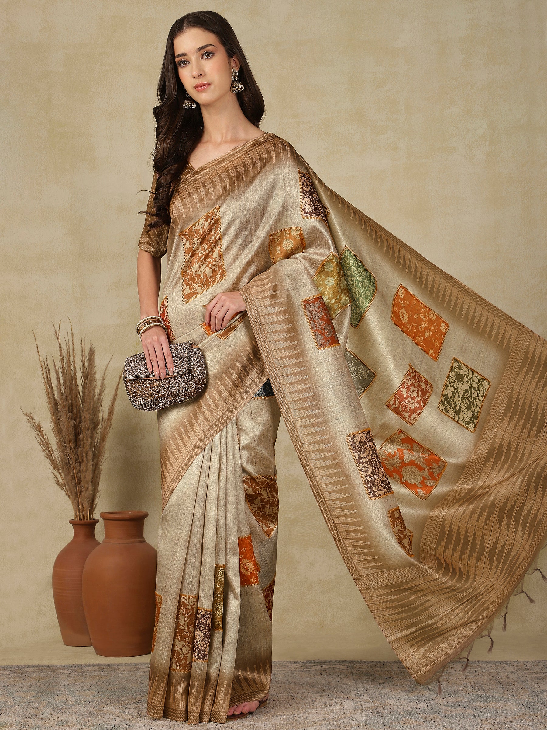 RANG TARANG-Elegant Beige Linen Saree with Artistic Patchwork Woven Design