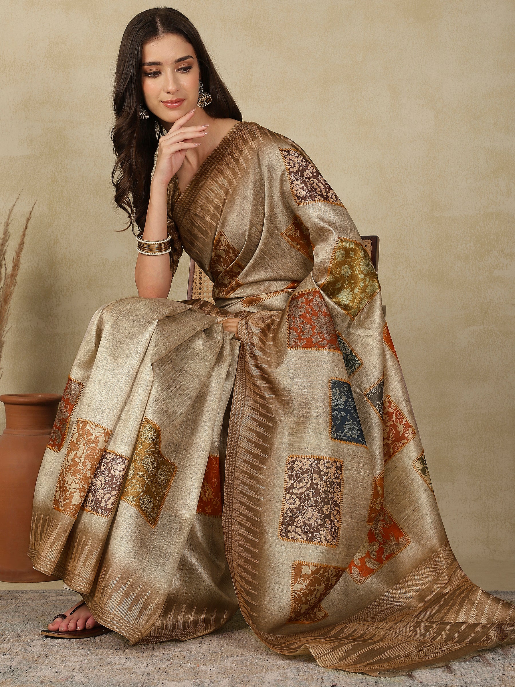RANG TARANG-Elegant Beige Linen Saree with Artistic Patchwork Woven Design