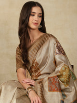 RANG TARANG-Elegant Beige Linen Saree with Artistic Patchwork Woven Design