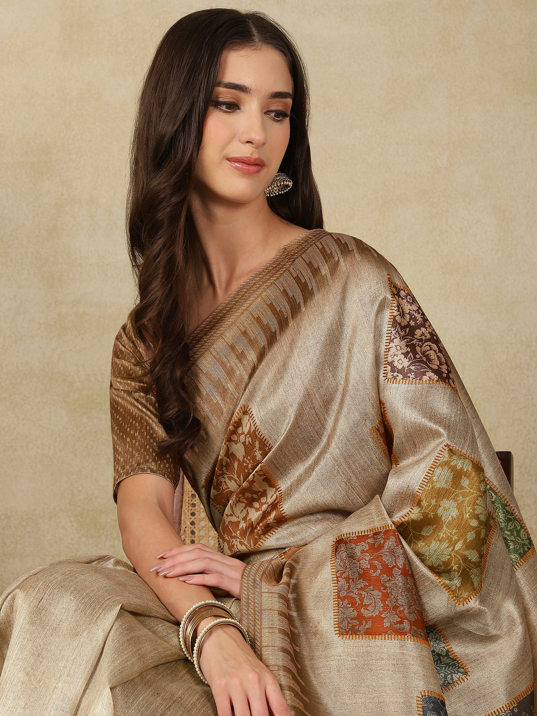 RANG TARANG-Elegant Beige Linen Saree with Artistic Patchwork Woven Design