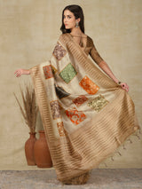 RANG TARANG-Elegant Beige Linen Saree with Artistic Patchwork Woven Design