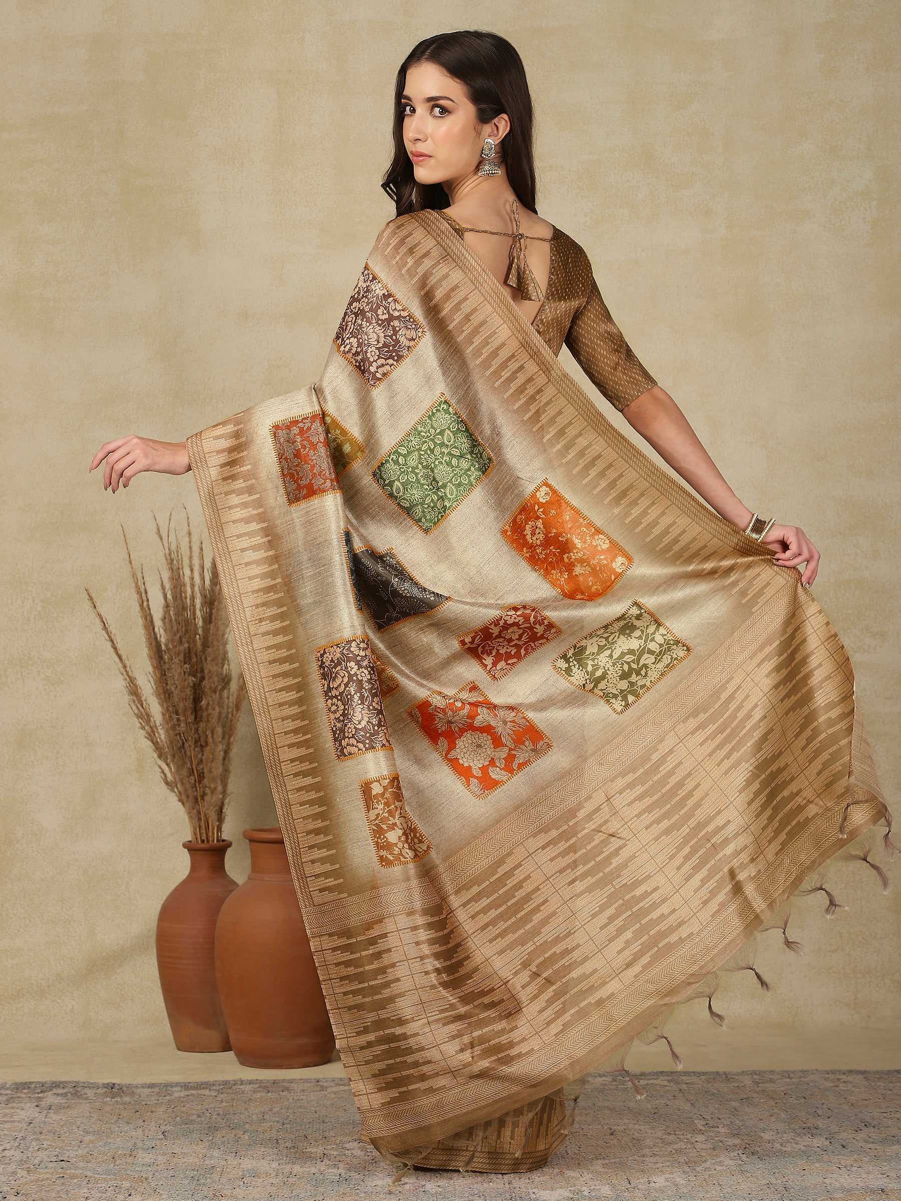 RANG TARANG-Elegant Beige Linen Saree with Artistic Patchwork Woven Design
