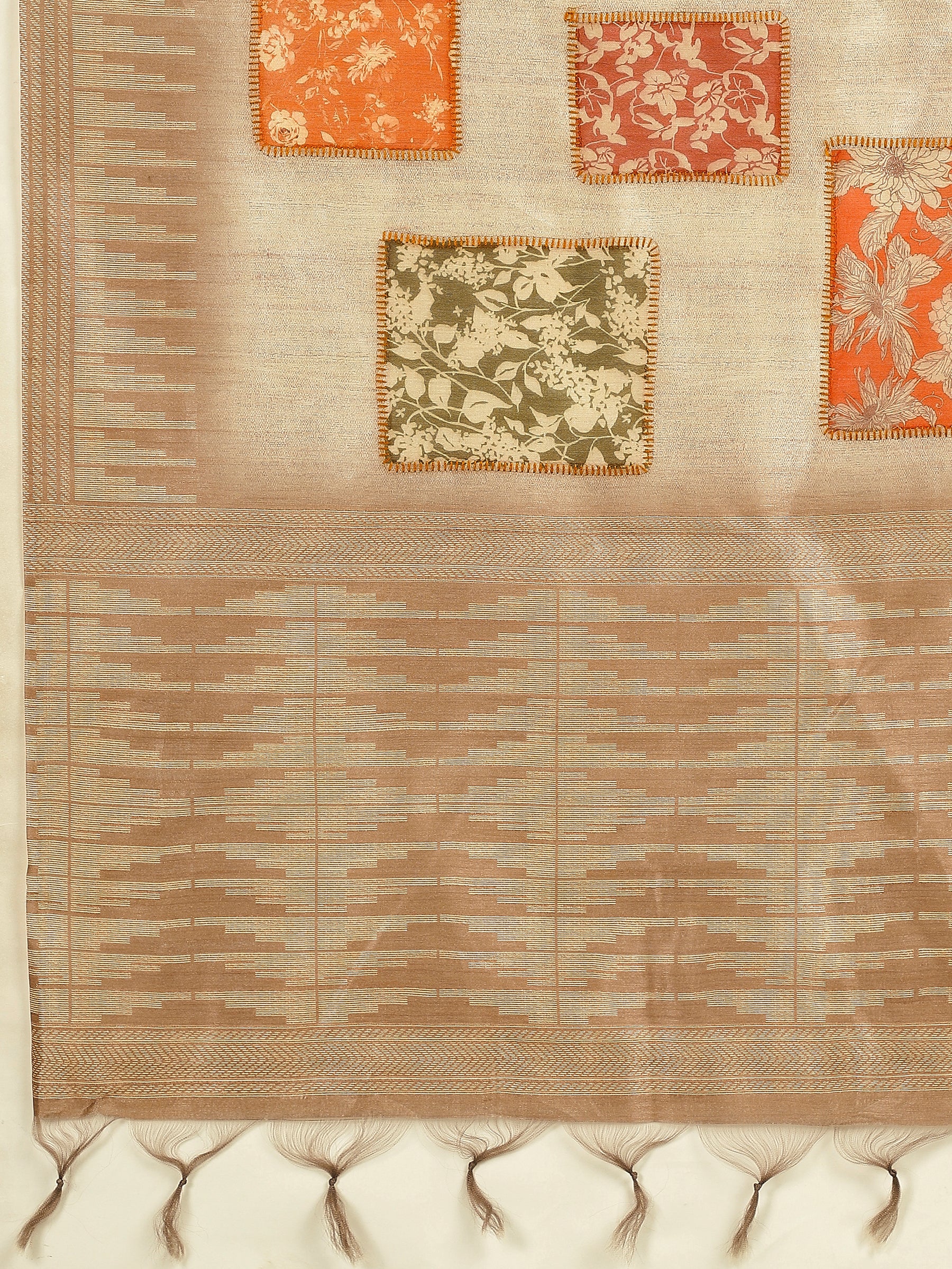 RANG TARANG-Elegant Beige Linen Saree with Artistic Patchwork Woven Design
